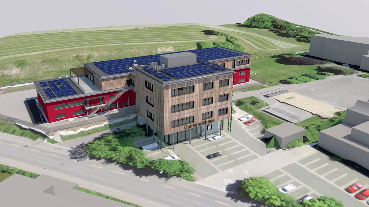 Das neue Gemeindehaus soll an das FWWG-Gebäude (rot) anknüpfen und damit die Abteilungen unter einem Dach vereinen. Visualisierung des neuen Gemeindehauses Dürnten in Tann